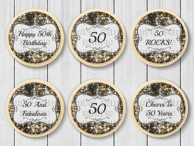 PRECUT Sparkle 50th Birthday Edible Toppers Mini Standard Cupcake Oreo Cookie Cake Pop Lollipop Birthday Icing Image Party Favors
