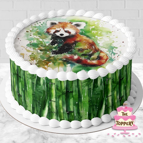 Watercolor Red Panda Bear Bamboo - Edible Cake Wraps or Round Cake Topper Frosting Icing Image Birthday Decor (Choose From Drop-Down Menu)