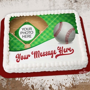 Baseball Cake Topper - Edible Rectangle, Icing Image, ADD A PHOTO, Sports, Bats, Field Diamond, Lil Slugger, Team, Birthday Decoration