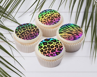 Rainbow Animal Print - Precut Edible Dessert Toppers: Birthday Party Favors (You Choose Size)