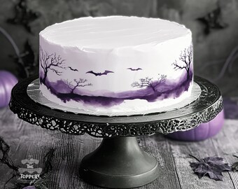 Halloween Trees Edible Cake Wraps Strips ICING Image Birthday  Decoration Spooky Purple Pumpkins Emo Goth Wedding Elegant Bats