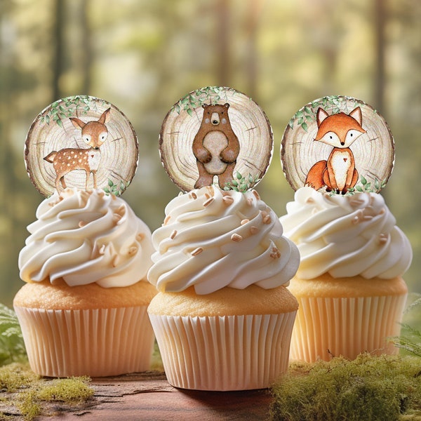 Woodland Animals - Edible WAFER Cupcake Toppers, Precut Shape, Edible Cut Outs, Stand Up in Frosting, Party Decoration, Ready to Use, Forest