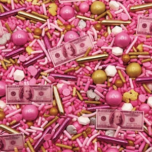 Pink Bling - Edible Candy Shapes Money Sprinkle Mix (w/ wafer bills) for Cakes, Cupcakes, Cookies, Baby, Wedding, Birthday, Party