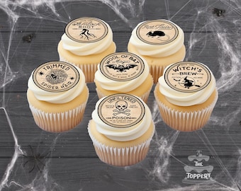 Vintage Labels - Precut Edible Icing Toppers for Cupcakes, Cookies, Cakepops, Witch, Spells, Potions, Gothic