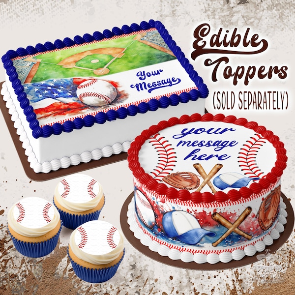 Baseball - Edible Toppers - Round, Rectangle, Cake Wraps, Cookie, Cupcake, Sports, Bats, Red White Blue, Lil Slugger, Birthday Decoration