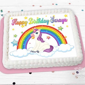 Rainbow Unicorn Cake Topper - Edible Icing Rectangle Image Sugar Sheet Birthday Baby Wedding Cake Decoration Party Favor