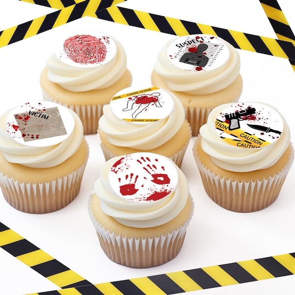 Crime Scene - Edible ICING Toppers, Precut, Cupcake, Cookie, Cake, Murder Mystery, Birthday, Retirement, CSI, Icing Image, Party Favor