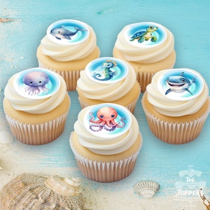 Under the Sea - Precut Edible Toppers for Cupcakes, Cookies, Cakepops, Kid&#39;s Birthday, Baby Shower, Icing Image, Party, Ocean, Beach, Shark