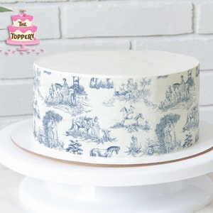 Blue French Toile Edible Cake Wrap Strips 4 Tall Icing Image Decoration English China Countryside Horse Vintage Antique Pattern image 1
