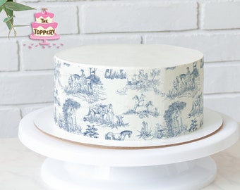 Blue French Toile - Edible Cake Wrap Strips (4" Tall) - Icing Image Decoration English China Countryside Horse Vintage Antique Pattern