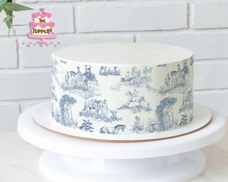 Blue French Toile Edible Cake Wrap Strips 4 Tall Icing Image Decoration English China Countryside Horse Vintage Antique Pattern Bild 1
