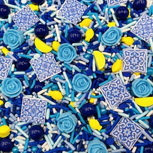 Talavera - Edible Candy Sprinkle Mix (w/ wafer Tiles) for Cakes, Cupcakes, Cookies, Baby, Birthday, Blue Tiles, Party Decoration