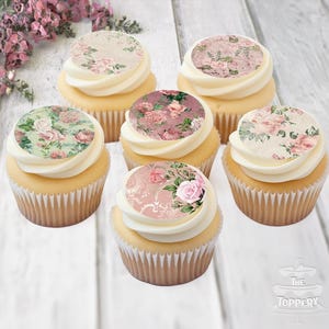 Pink Rustic Chic Flowers - Precut Edible Icing Toppers for Cupcakes, Cookies, Cakes: Vintage Floral Mother&#39;s Day Birthday