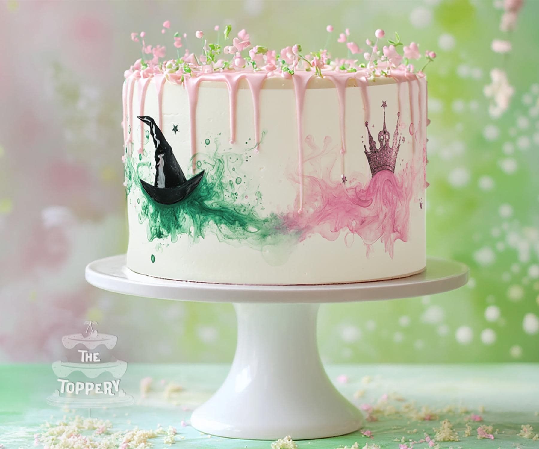 Good Witch Bad Witch - Edible Cake Wraps Strips - ICING Image Birthday Decoration Pink Green Witch Hat Tiara Watercolor Wedding Magic