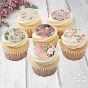Pink Rustic Chic Flowers - Edible Toppers PRECUT Mini Standard Cupcake Cookie Cake Vintage Floral Mothers Day Birthday Icing Image