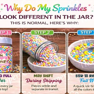 The image is a visual guide explaining how to use sprinkles in a jar. It shows three steps: packing the jar, mixing the sprinkles, and revealing the full jar of sprinkles.