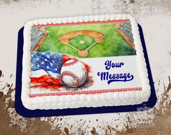 Baseball Cake Topper - Edible Rectangle, ICING Image, Frosting Photo, Sports, Bats, Red White Blue, Lil Slugger, Team, Birthday Decoration