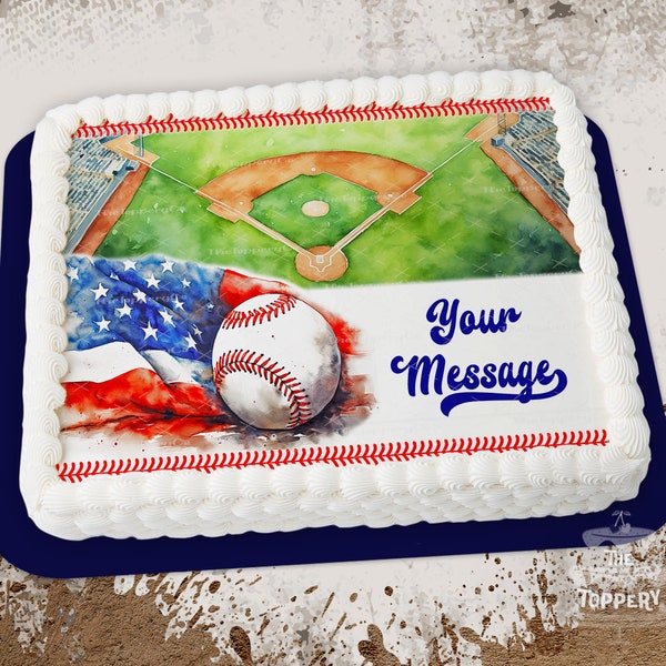 Baseball Cake Topper - Edible Rectangle, ICING Image, Frosting Photo, Sports, Bats, Red White Blue, Lil Slugger, Team, Birthday Decoration