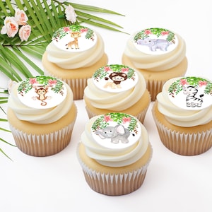 Jungle Animals - Edible ICING Toppers, Precut, Cupcake, Cookie, Cake Pop, Safari, Icing Image, Birthday, Baby Shower, Party Favors, Floral