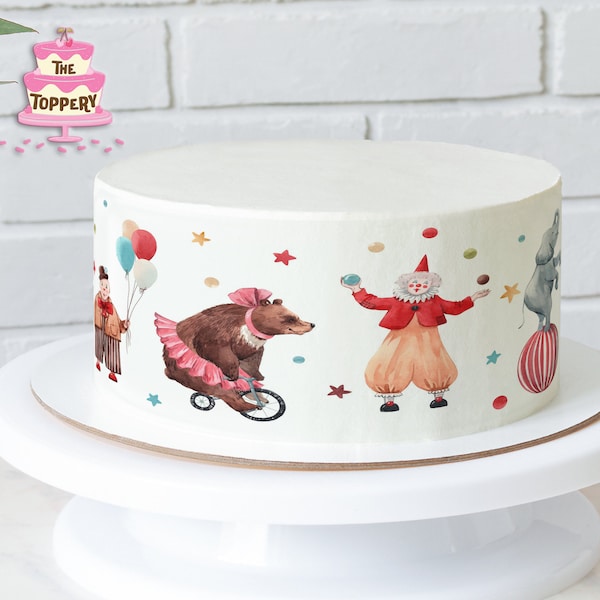 Circus Animals - Edible Round Cake Wrap Strips (4" Tall) - Icing Image Birthday Decoration Carnival Big Top Clown Bear Elephant Baby Shower