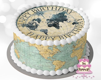 World Map - Edible ICING Round Cake Topper, Cake Wraps (4” Tall) or Full Set