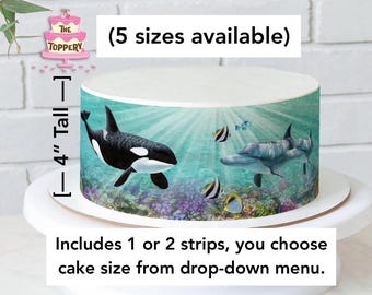 Killer Whale Dolphin - Edible ICING Round Cake Wrap Strips (4" Tall) - Sugar Image Decoration Birthday Party Under Sea Ocean Animals Beach