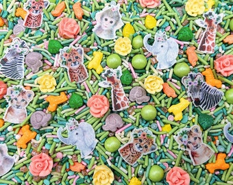 Jungle Jive - Edible Candy Sprinkle Mix (w/ wafer Jungle Animals) for Cakes, Cupcakes, Cookie, Baby Girl, Birthday, Party Decoration, Floral