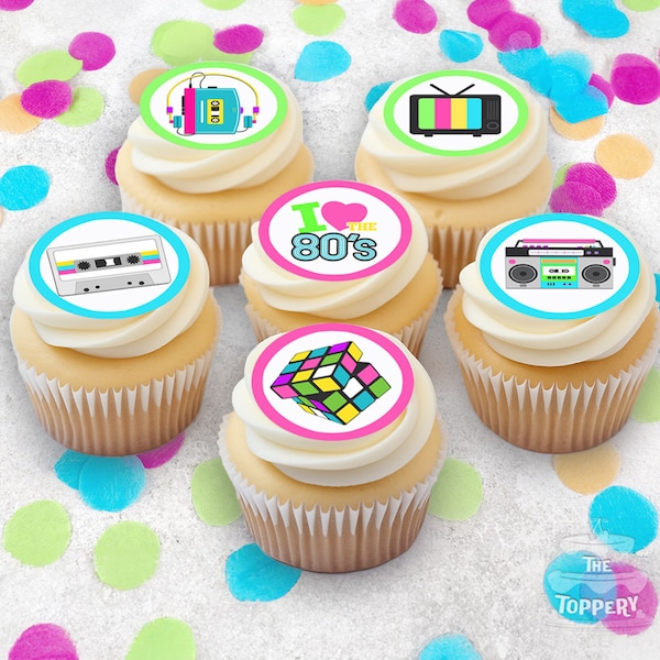 I Love The 80s - Edible ICING Toppers, Precut, Cupcake, Cookie, Cake, Neon Retro 80's Birthday, Throwback Party, Frosting Image, Party Favor
