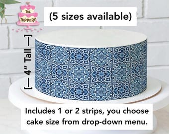 Blue Talavera Italian Tiles - Edible Cake Wrap Strips (4" Tall) - Icing Image Decoration