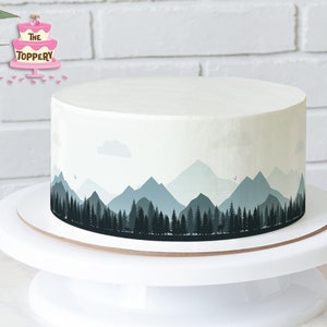 Mountain Forest Landscape Edible Cake Wraps Strips Icing Image Birthday Decoration Travel Wilderness Wild One Baby Shower image 1