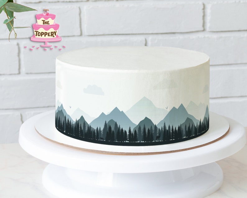 Mountain Forest Landscape Edible Cake Wraps Strips Icing Image Birthday Decoration Travel Wilderness Wild One Baby Shower image 1
