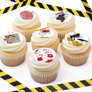Crime Scene - Precut Edible Icing Toppers for Cupcakes, Cookies, Cake, Murder Mystery, Birthday, Retirement, CSI, Party Favor