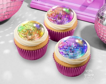 Disco Balls - Precut Edible Icing Toppers for Cupcakes, Cookies, Cake Pop, Groovy, Retro, 60's, 70's, Throwback, Dance Party, Birthday Image