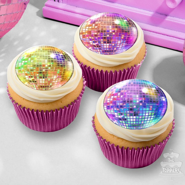 Disco Balls - Edible ICING Toppers Precut Cupcake Cookie Cake Groovy Boozy Retro 60's 70's Throwback Dance Birthday Frosting Image Party