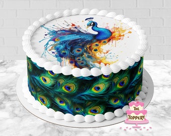 Fancy Peacock Feathers - Edible Round Cake Topper, Cake Wraps or Full Set - Icing Image Birthday Decoration (Choose From Drop-Down Menu)