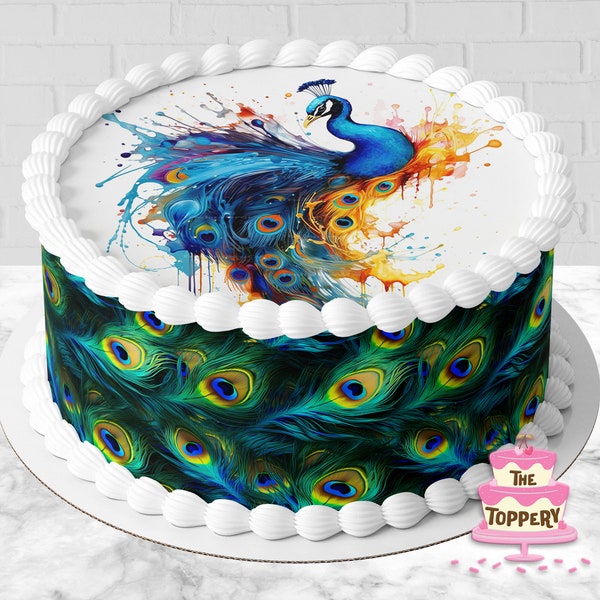 Fancy Peacock Feathers - Edible Round Cake Topper, Cake Wraps or Full Set - Icing Image Birthday Decoration (Choose From Drop-Down Menu)