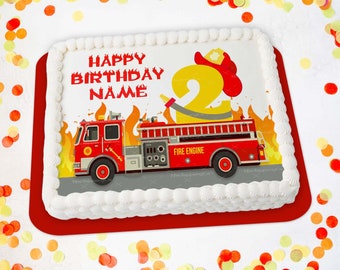 Fire Truck Cake Topper - (Name & Number 1-9, or NO Number) - Edible Rectangle Icing Image Sugar Sheet Birthday Baby Wedding Cake Decoration
