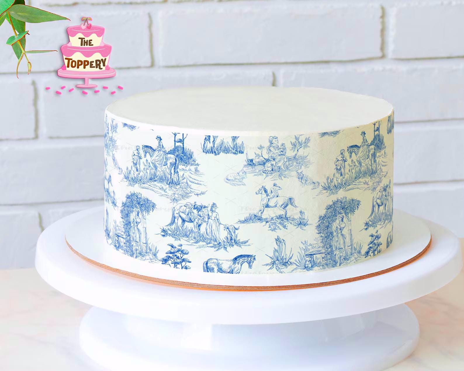 Blue French Toile - Edible Cake Wrap Strips (4" Tall) - Icing Image Decoration English China Countryside Horse Vintage Antique Pattern