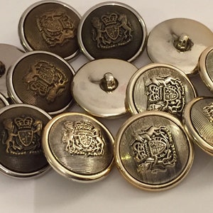 5 10 BROWN SILVER GOLD 25mm Wide Coat Of Arms Shank Quality Plastic Buttons Army Military Sewing Craft Coat Jacket