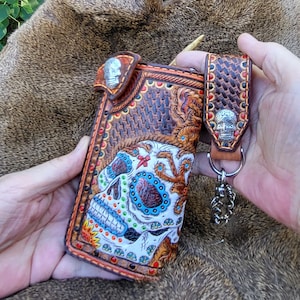 Cartera de calavera de azúcar con cadena de motociclista de cuero, cartera larga estilo occidental Cartera de vaquero con calavera de azúcar