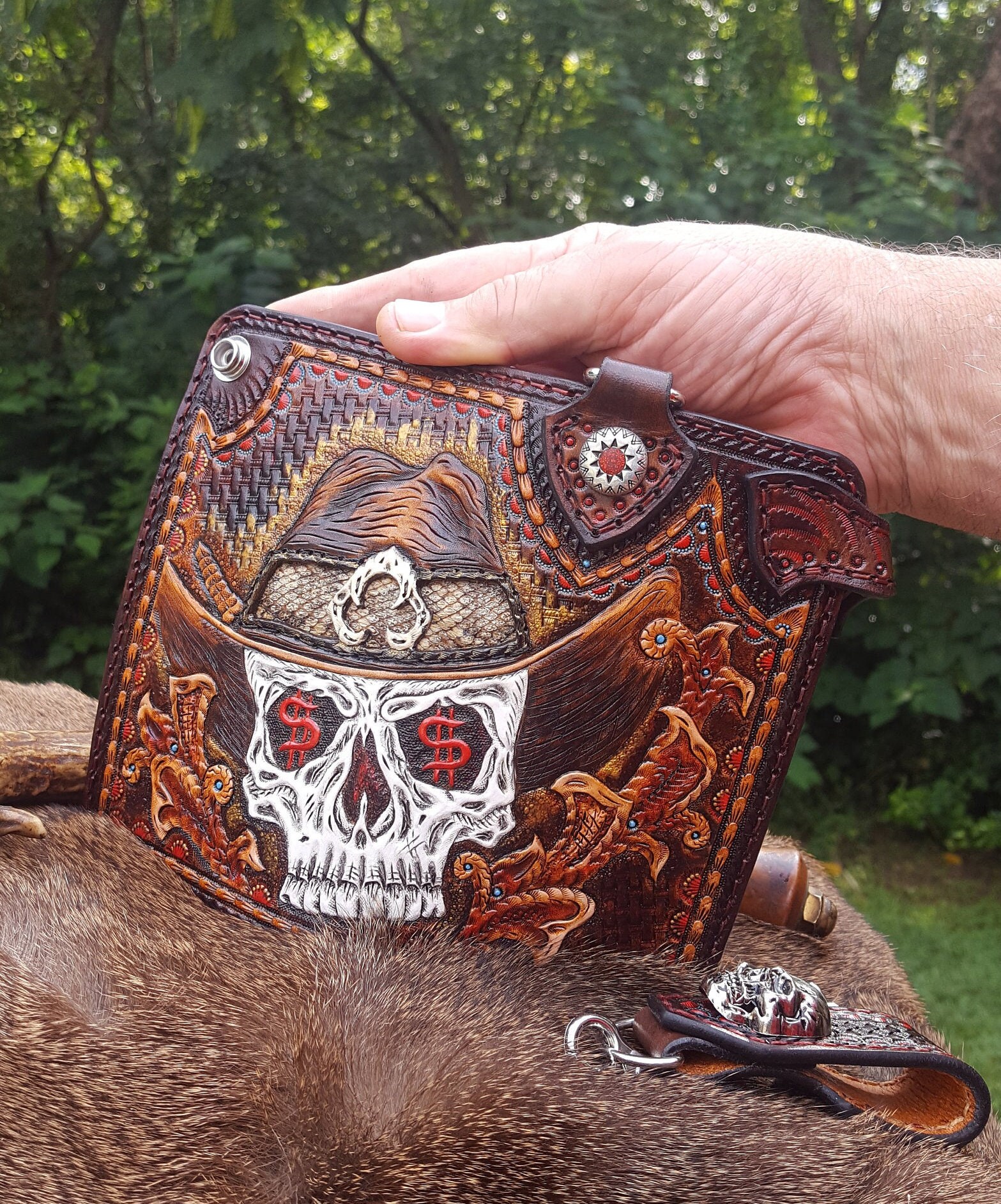 Western Style Christmas Gift Handtooled lederen Punisher Schedel Ketting Portemonnee Western Cowboy voor bikers Tassen & portemonnees Portemonnees & Geldclips Portemonnee met ketting 
