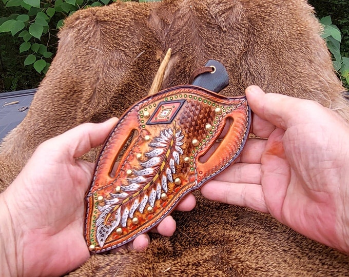 Damascus Knife/ Pancake Sheath Combo With Western Style Designed Tooled