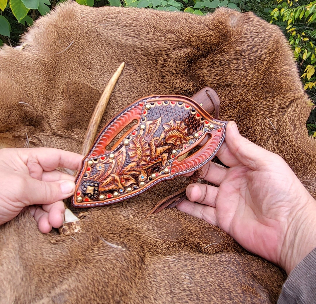 Damascus Knife/ Pancake Sheath Combo With Western Style Designed Tooled