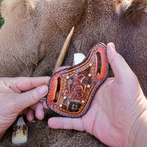 Leather Knife Sheath Vertical and Damascus Lock Blade Folding Knife Belt Sheath Gift for Dads, Sons, Hunters, Whittlers, Ranch Hands