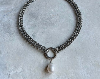 Chainmail Necklace with Stainless Steel Jump Rings and a Pearl Drop Pendant - Handmade Jewelry