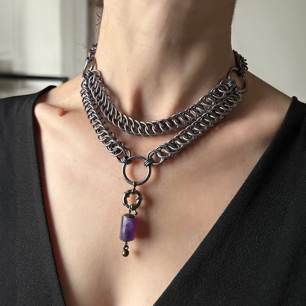 Chainmail Choker Necklace Attachable Amethyst Gemstone Charm Pendant called "Quantum Portal"