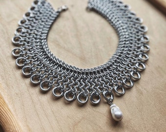 Chainmail Collar Necklace with a Pearl Pendant (+ Surprise Gift Earrings w/ stainless steel studs))