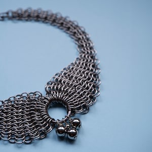 O-Ring Stainless Steel Chainmail Choker Necklace in Antique Silver Color named "Three Cheers"