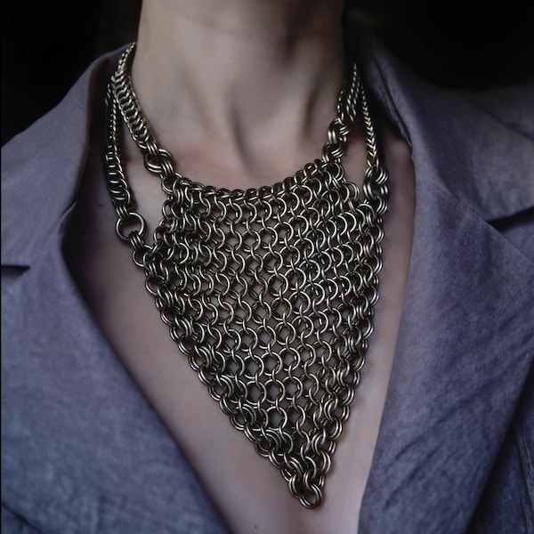 Antique Gold Chainmail Necklace: Handmade Anodized Aluminum Trekanter I