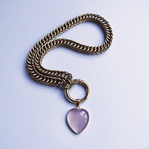 Chainmail Choker Necklace with 1 Replaceable Heart Shaped Rose/Pink Quartz Pendant Birthday Anniversary Thank You Gift for Her